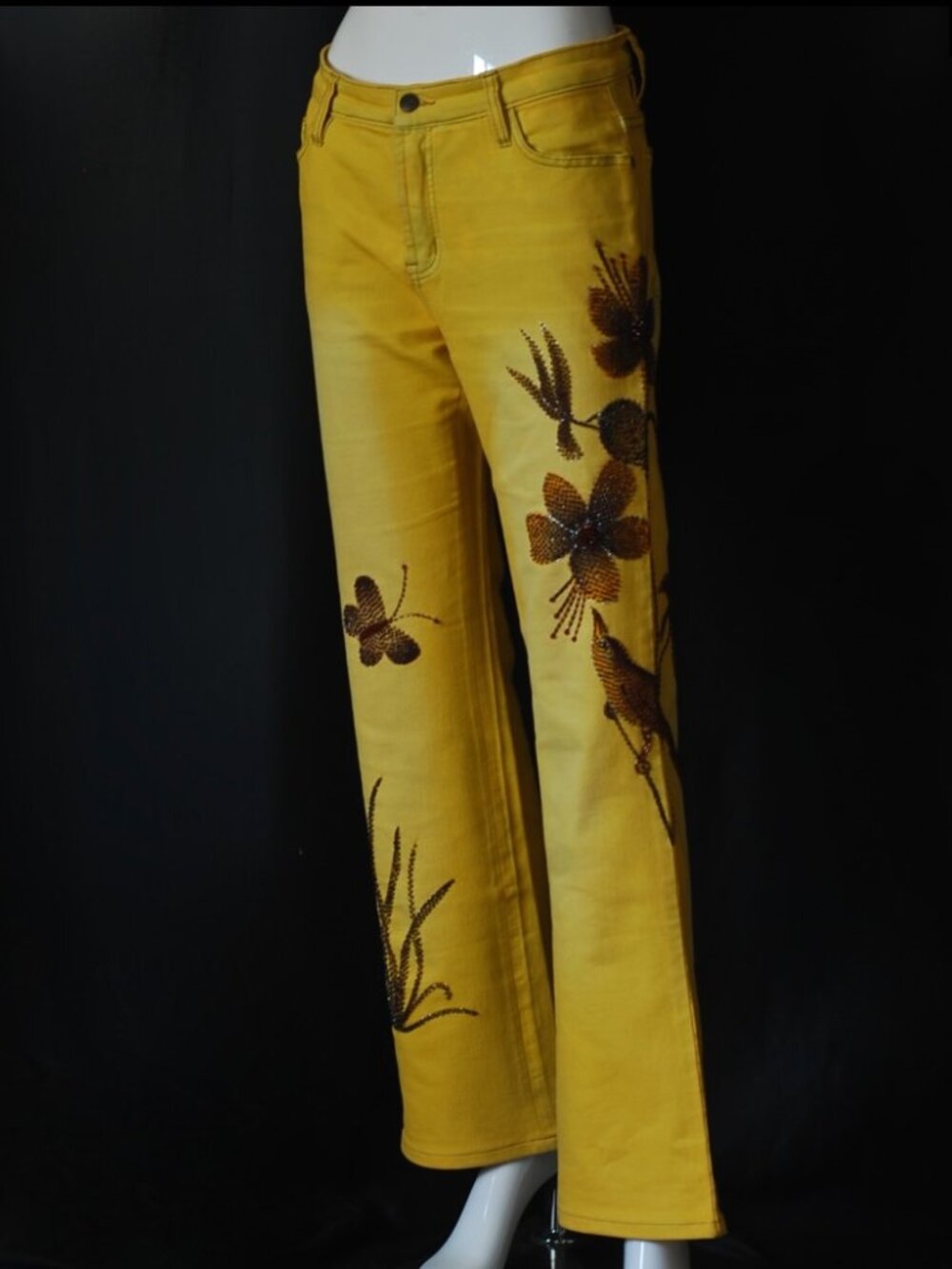 British Michael R Dan 1962 Beaded Garden Scene On Yellow Jeans - UK